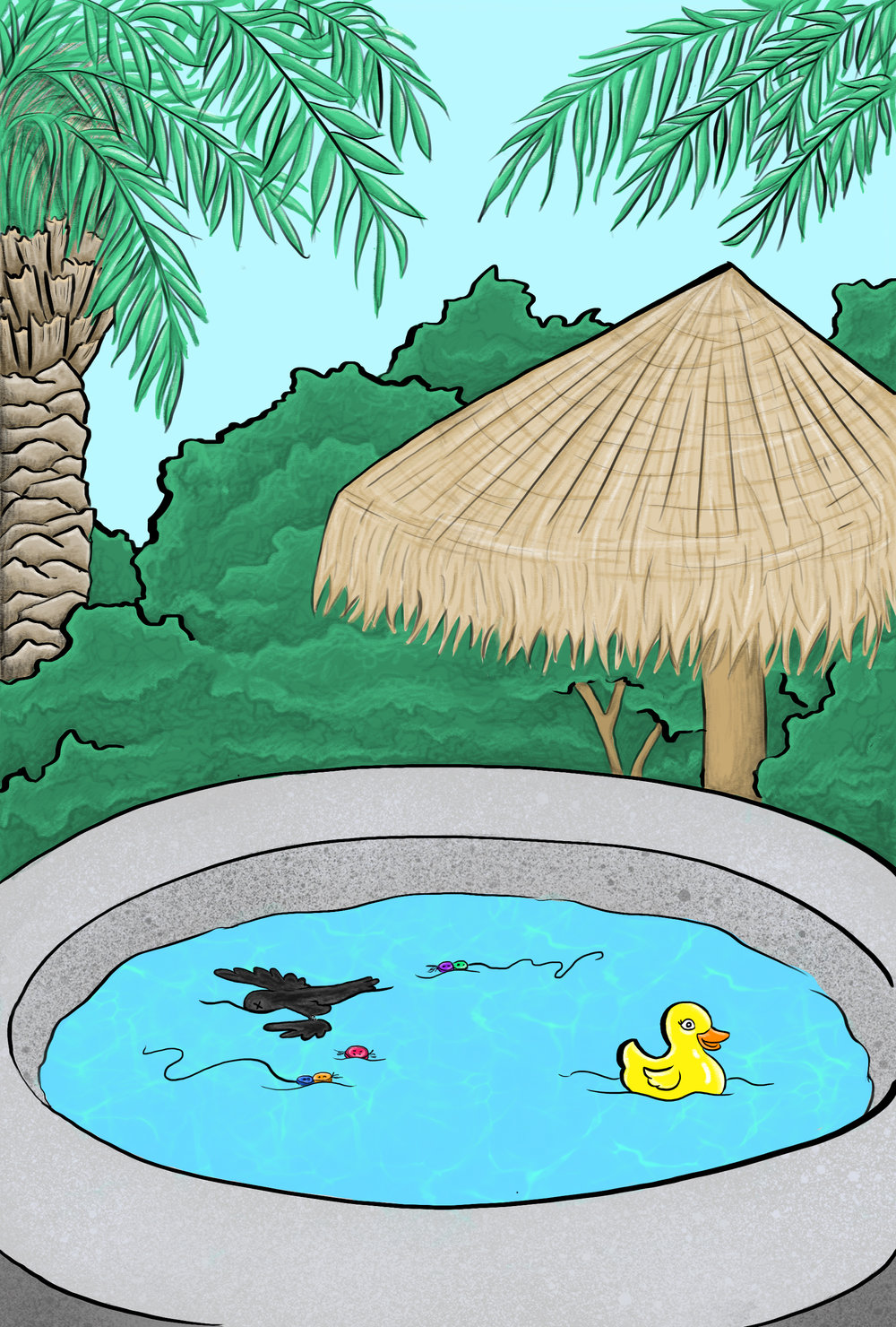 Page 7 Mr. Buttons is floating in the hot tub, dead, the duck swims around innocently